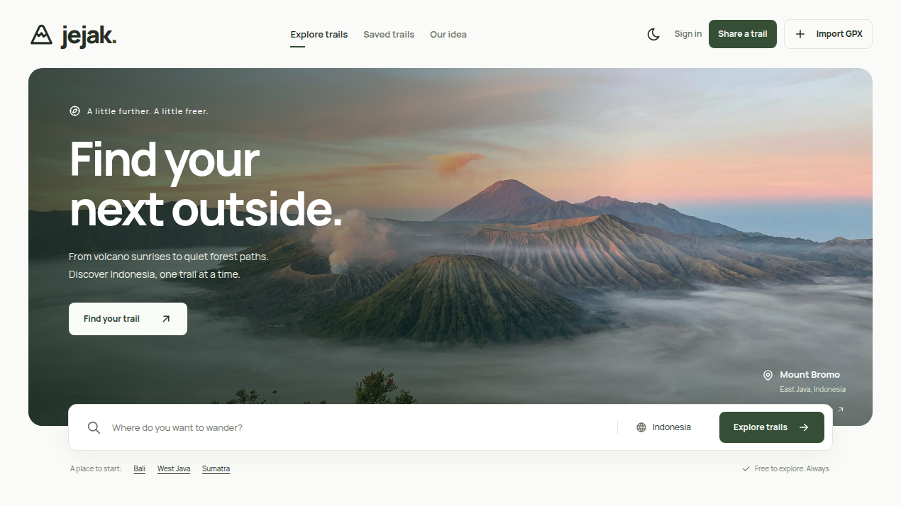 Jejak homepage with trail search over a Mount Bromo landscape